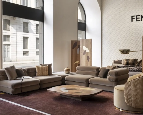 Interier Fendi Casa kolekcije 2026 z modularnim pohištvom in izrazito barvno paleto
