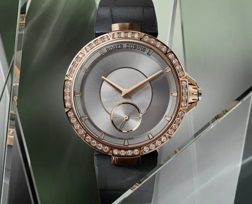 Ura Roger Dubuis Excalibur Lady of the Lake iz rožnatega zlata z diamanti in sivo številčnico