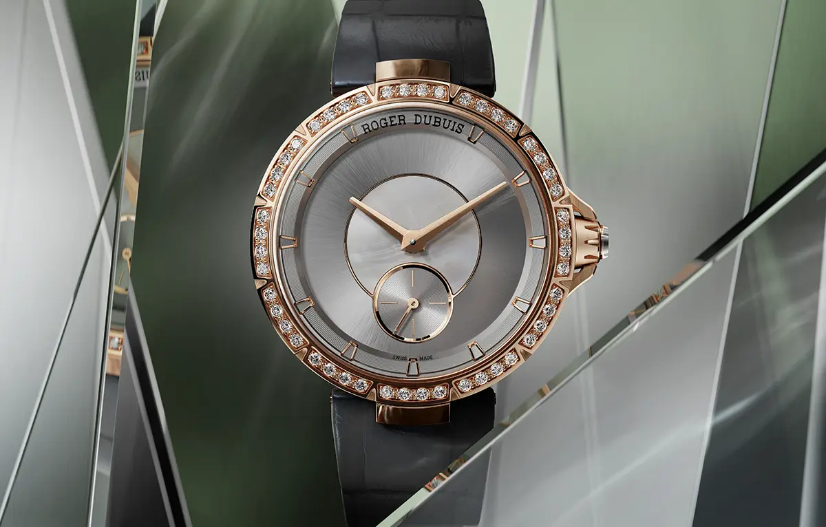 Ura Roger Dubuis Excalibur Lady of the Lake iz rožnatega zlata z diamanti in sivo številčnico
